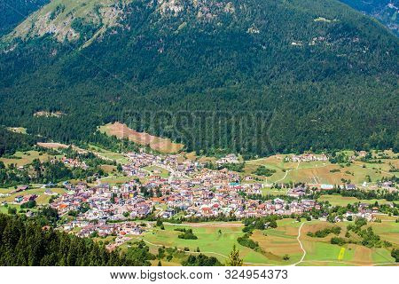 Aerial View Of Andalo, Turistic Town In The Dolomites, Trentino, Italy