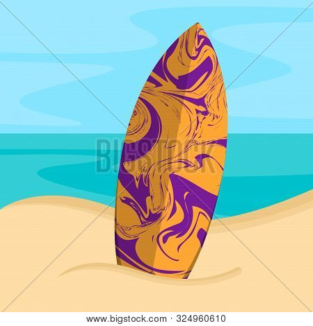 Surfboard On A Sea Landscape. Vactions Time - Vector Illustration