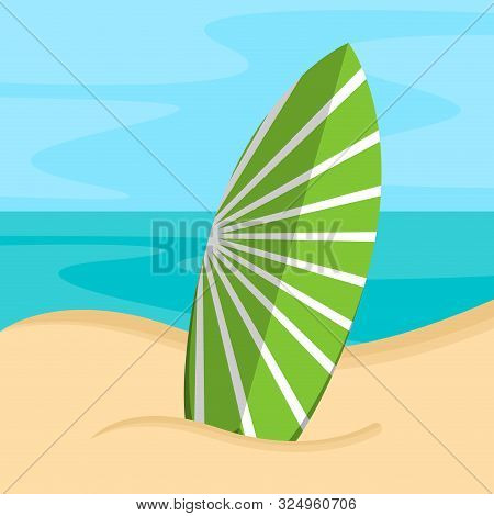 Surfboard On A Sea Landscape. Vactions Time - Vector Illustration