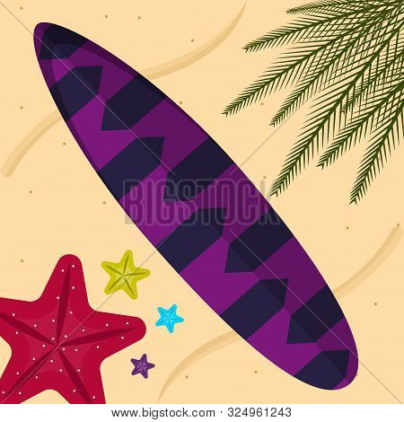 Surfboard On A Sea Landscape. Vactions Time - Vector Illustration