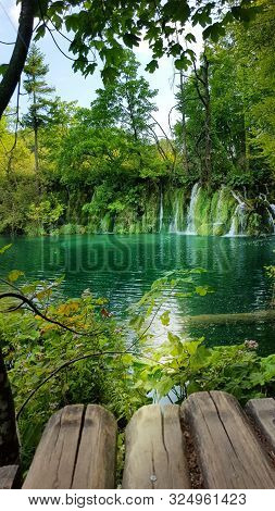 Waterfalls In Forest. Plitvice National Park, Croatia