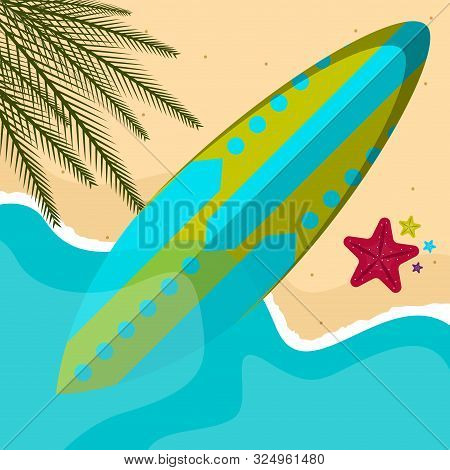 Surfboard On A Sea Landscape. Vactions Time - Vector Illustration