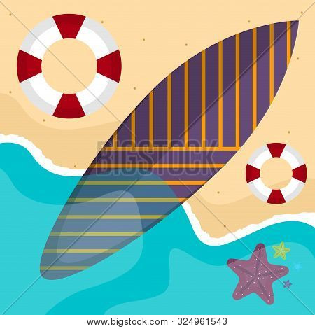 Surfboard On A Sea Landscape. Vactions Time - Vector Illustration