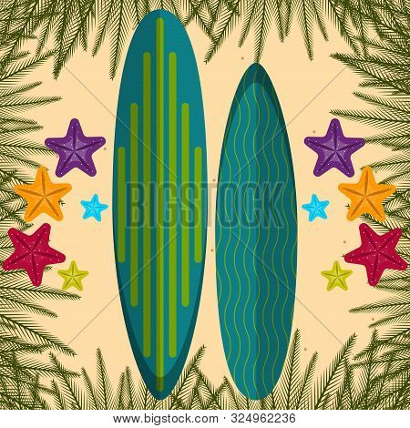 Surfboard On A Sea Landscape. Vactions Time - Vector Illustration