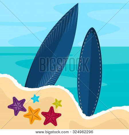 Surfboard On A Sea Landscape. Vactions Time - Vector Illustration