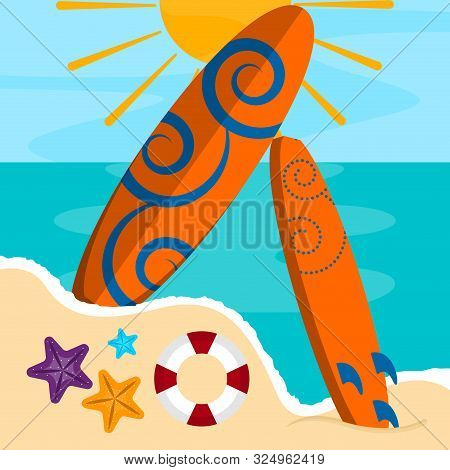 Surfboard On A Sea Landscape. Vactions Time - Vector Illustration