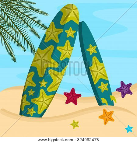 Surfboard On A Sea Landscape. Vactions Time - Vector Illustration