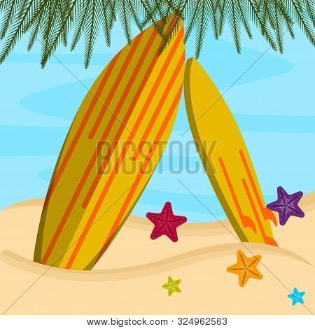Surfboard On A Sea Landscape. Vactions Time - Vector Illustration