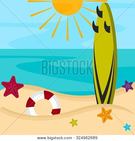 Surfboard On A Sea Landscape. Vactions Time - Vector Illustration