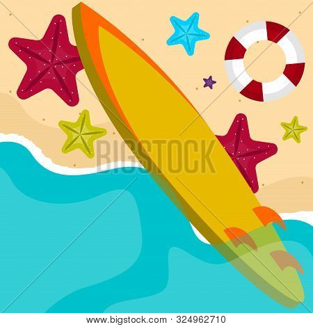 Surfboard On A Sea Landscape. Vactions Time - Vector Illustration