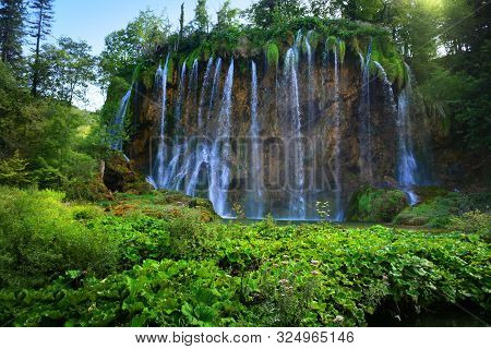 Waterfalls In Forest. Plitvice National Park, Croatia