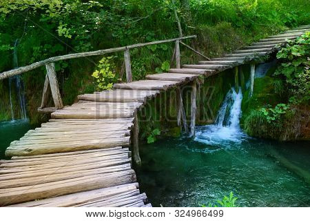 Waterfalls In Forest. Plitvice National Park, Croatia