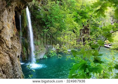 Waterfalls In Forest. Plitvice National Park, Croatia