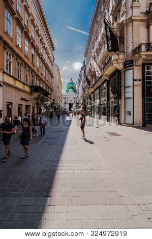 Vienna, Austria - 20.08.2019: View On Hofburg Palace From Kohlmarkt Street, Wide-angle View At Sunny