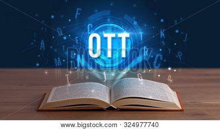 OTT inscription coming out from an open book, digital technology concept