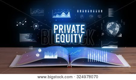 PRIVATE EQUITY inscription coming out from an open book, creative business concept