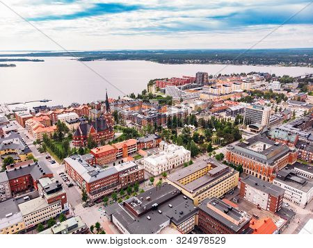 Lulea, Sweden - July 05, 2019: Panorama City, Cathedral Sunny Day, Blue Sky