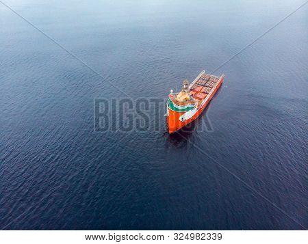 Offshore Supply Boat Sea Support Ship Oil Industry During. Aerial Top View