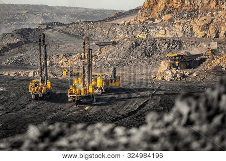 Drilling Machine Borer Installing Cast Explosives Blasting. Open Coal Mine