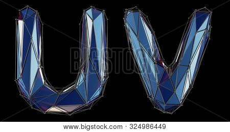 Letter set U, V made of realistic 3d render blue color. Collection of low polly style alphabet isolated on black background 3d
