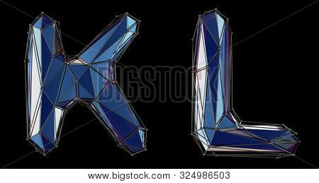 Letter set K, L made of realistic 3d render blue color. Collection of low polly style alphabet isolated on black background 3d