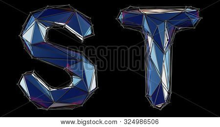 Letter set S, T made of realistic 3d render blue color. Collection of low polly style alphabet isolated on black background 3d