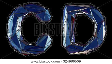 Letter set C, D made of realistic 3d render blue color. Collection of low polly style alphabet isolated on black background 3d