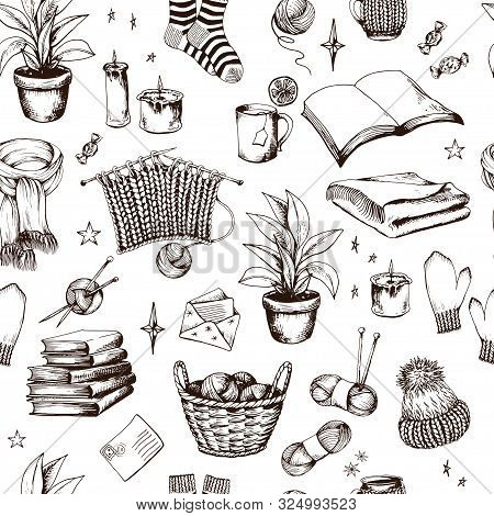 Seamless Pattern With Knitting Accessories And Cosy Home Elements. Hand Drawn Vector Illustration On