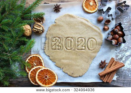 Text 2020. Concept Of The New Year 2020. Christmas Pastries. Homemade Cakes Or Cookies For The New Y