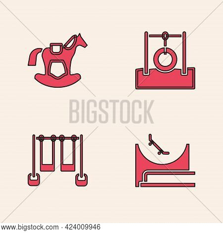 Set Skate Park, Horse In Saddle Swing, Car Tire Hanging On Rope And Double Icon. Vector
