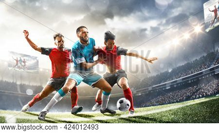 Profeccional Soccer Players In Action On The Grand Stadium Background