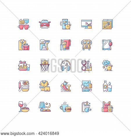 Everyday Routine Rgb Color Icons Set. Alarm Clock. Coffee Break. Tranposrt For Transit To Work, Scho