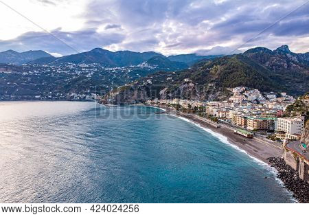 Aerial Drome Sunset View Of Resort Village Minori Amalfi Coast Italy
