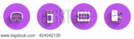 Set Eye Sleep Mask, Medicine Bottle And Pills, False Jaw And Domino Icon With Long Shadow. Vector