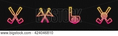 Set Line Golf Club With Ball, Crossed Golf, Flag And . Glowing Neon Icon. Vector