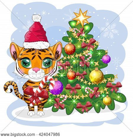 Cartoon Tiger Wearing A Santa Hat With Candy Cane Near The Christmas Tree. Children's Style, Sweethe