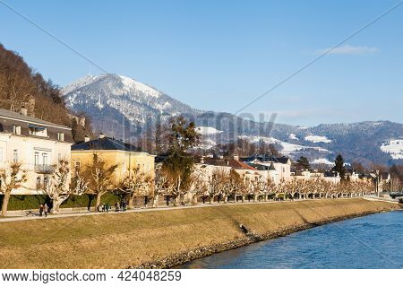 Salzburg, Austria - February 25:  A Winter View Across The Salzach River In Salzburg, Austria On Feb