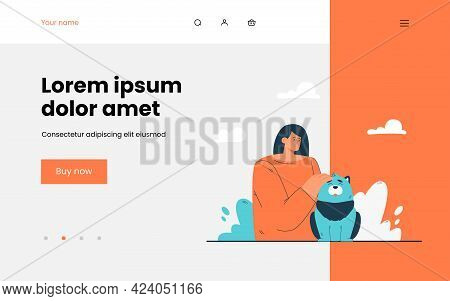 Cartoon Woman Stroking Happy Dog. Flat Vector Illustration. Female Owner Showing Tenderness To Her P