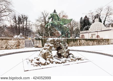 Mirabell Gardens.  A Mid Winter View Of A Statue In Mirabell Gardens In Salzburg, Austria.