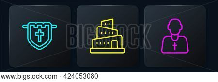 Set Line Flag With Christian Cross, Priest And Babel Tower Bible Story. Black Square Button. Vector