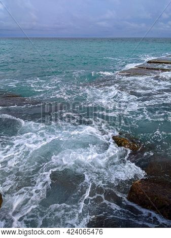 Beauty And Strength Of A Deep Blue Sea. Beautiful Seawaves Texture.