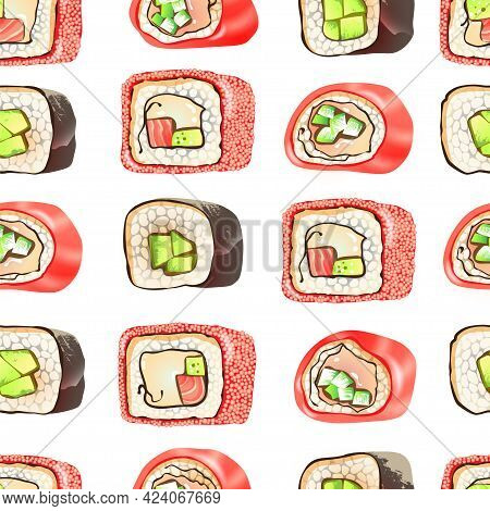Vector Illustration Of Sushi - Rolls With Avocado, Fish And Cream Cheese. Seamless Pattern.