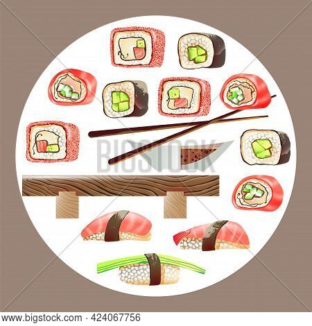 Vector Illustration Of Sushi, Rolls, Little Table, Food Sticks, Bowl With Soy Sauce