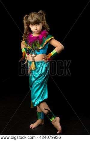 Portrait Of Girl With Angry Face Expression. Beautiful Preteen Girl Dressed Colorful Ethnic Costume 