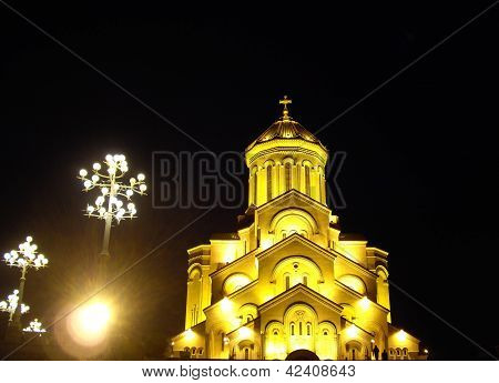 Night View Of Tbilisi Old Town With Ancient Churches, Castle And President Palace