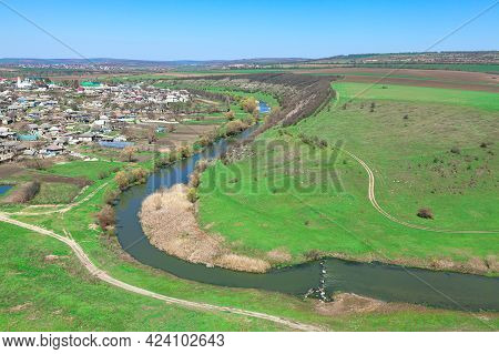 Panorama Of Village Furceni From Moldova . Scenery Of Raut River And Green Hills