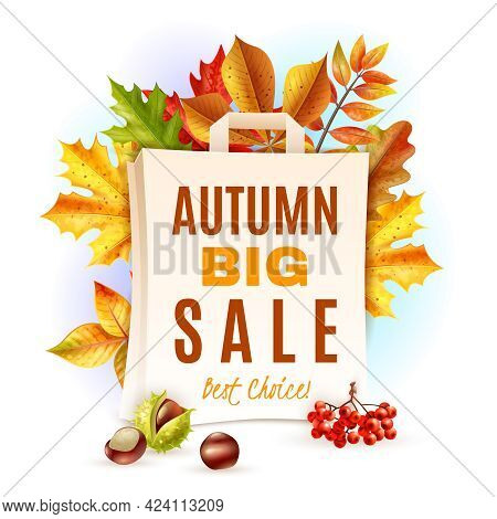 Autumn Big Sale And Colorful Fall Leaves Chestnuts And Rowan Behind Bag Flat Vector Illustration