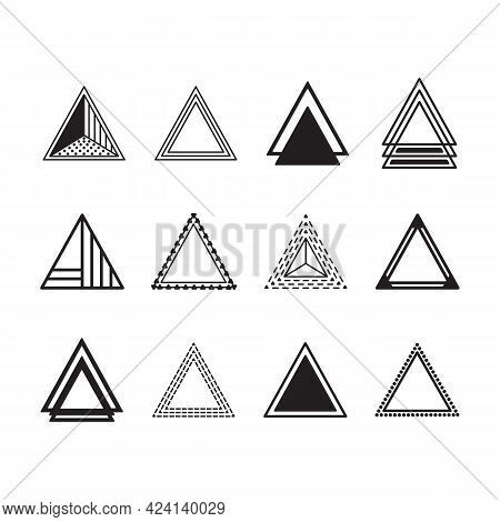 Black Silhouette And Line Equilateral Triangles Motifs And Icons Set On White Background