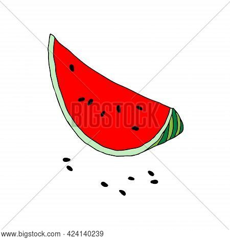 Vector Outline Illustration Of One Red And Green Slice Fresh Watermelon With Black Seeds Isolated On