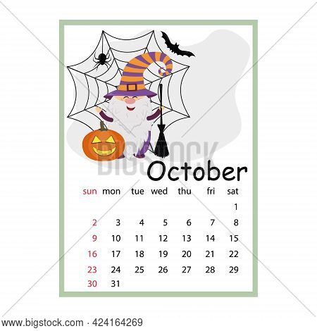 Calendar For 2022 Cute Dwarves, October Holiday Halloween Style Cartoon.